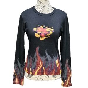 FANG Vtg Y2K Flame Heart Graphic‎ Tee Womens L Black LS 90s Goth Cyber Grunge